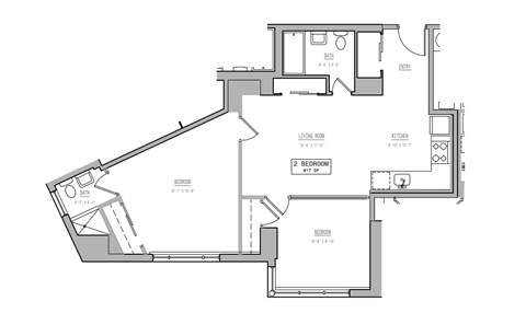 Floor plan for 2 beds, 1 bath, 861 sqft